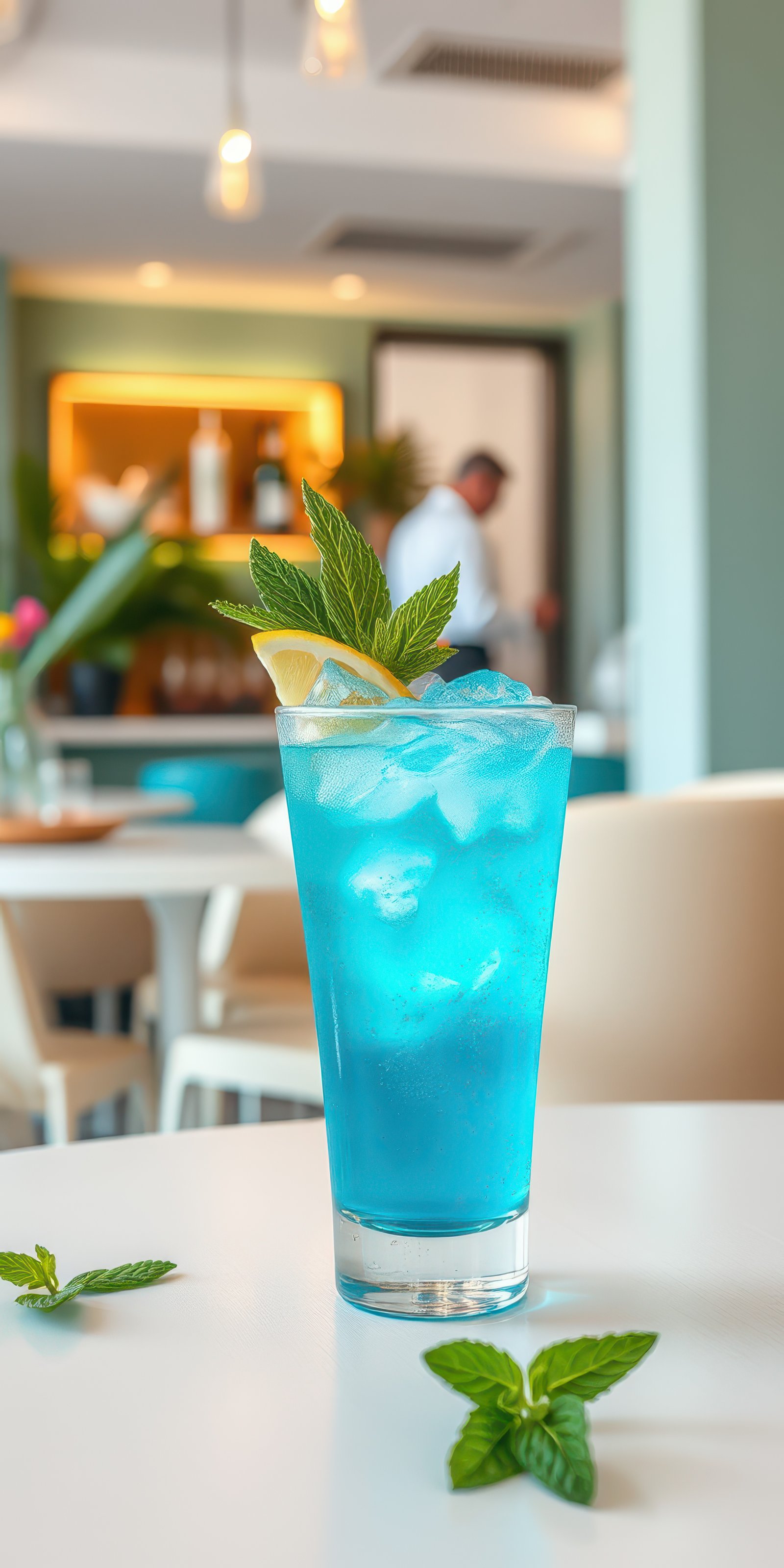 Refreshing blue cocktail served with mint and lemon in a modern bar setting during daytime